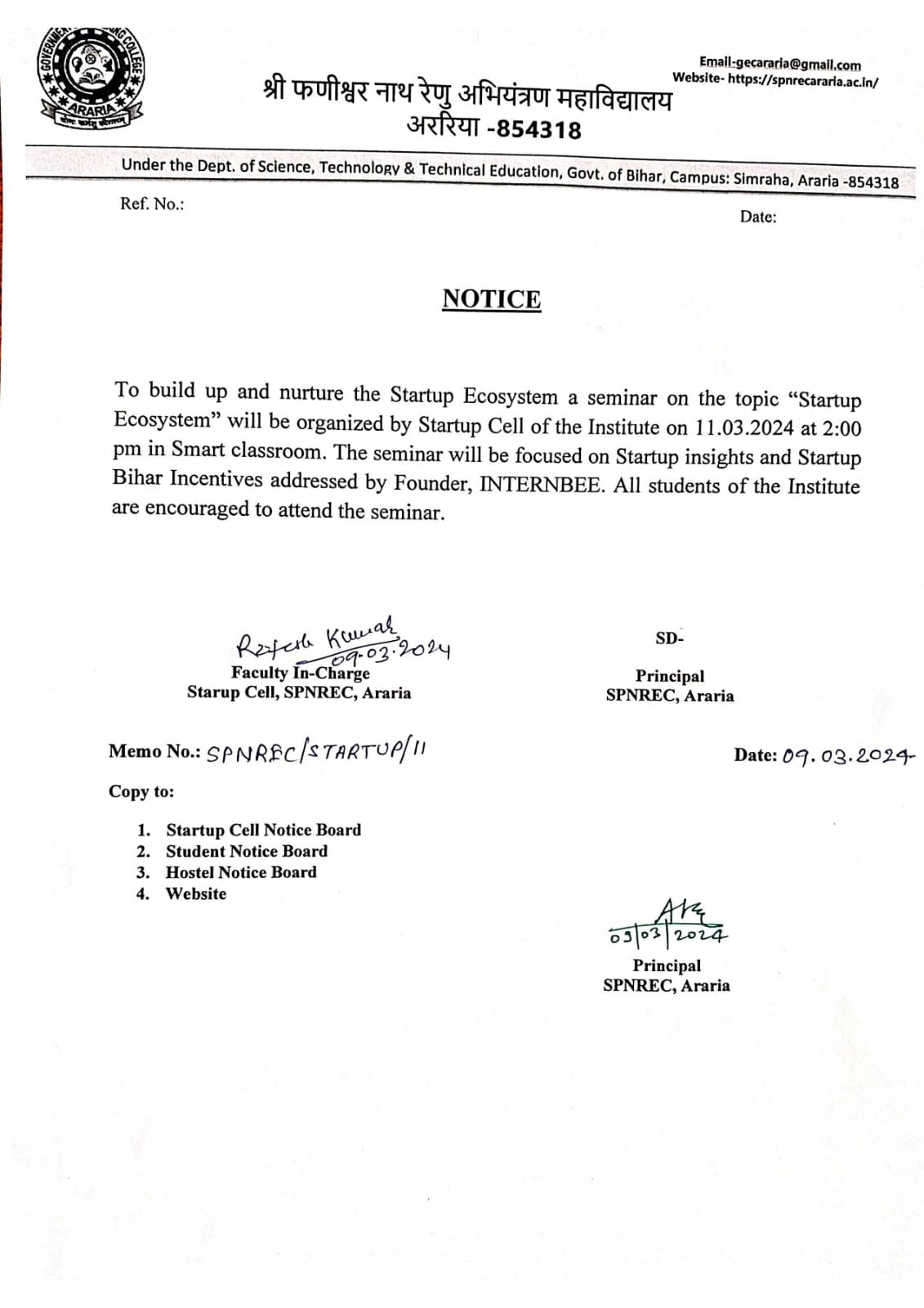 Official Notice from SPNREC, Araria
